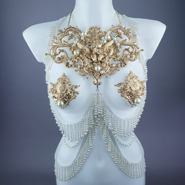Acadia" Gold Filigree & Pearl Harness Body Jewellery & Pasties.