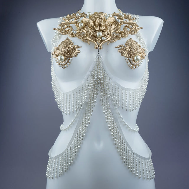 Acadia" Gold Filigree & Pearl Harness Body Jewellery & Pasties.