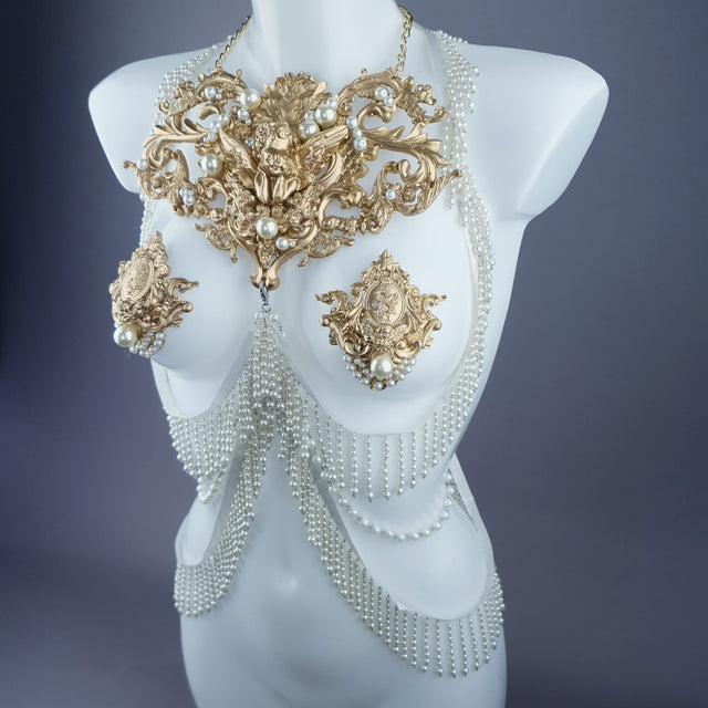 Acadia" Gold Filigree & Pearl Harness Body Jewellery & Pasties.