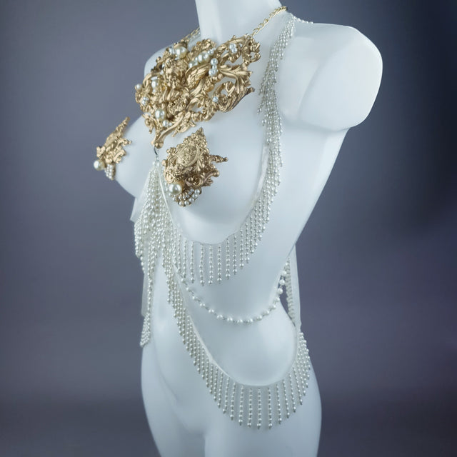 Acadia" Gold Filigree & Pearl Harness Body Jewellery & Pasties.
