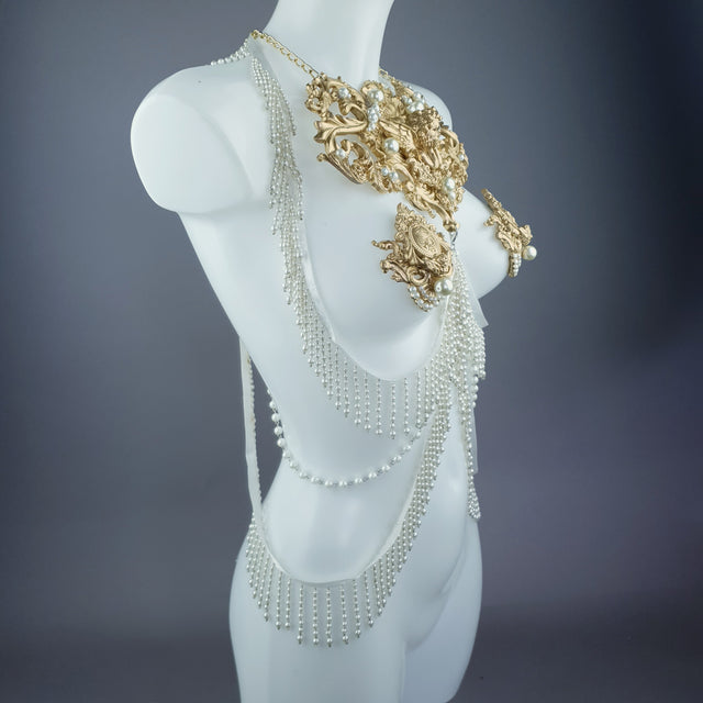 Acadia" Gold Filigree & Pearl Harness Body Jewellery & Pasties.