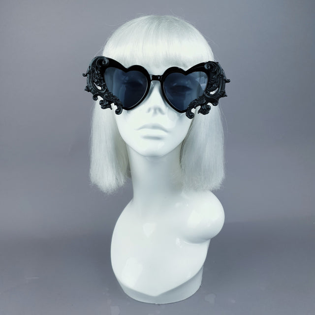 "Beloved" Black Filigree Heart Shaped Sunglasses