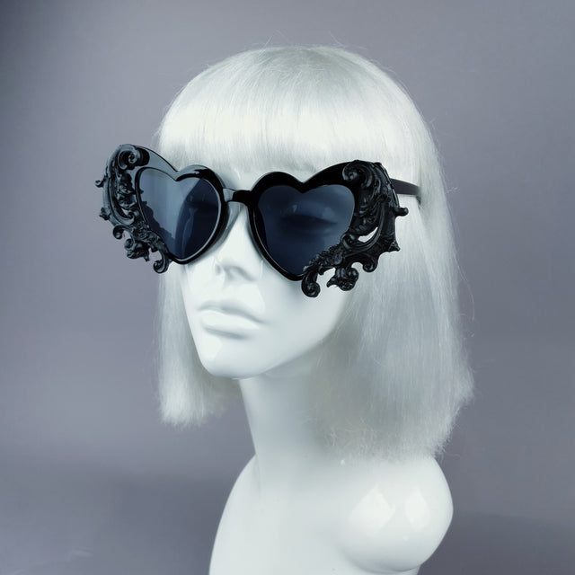 "Beloved" Black Filigree Heart Shaped Sunglasses