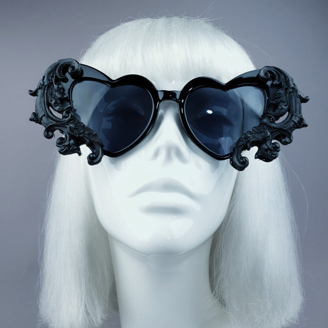 "Beloved" Black Filigree Heart Shaped Sunglasses