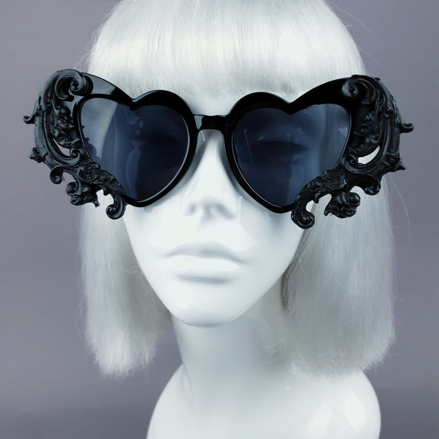 "Beloved" Black Filigree Heart Shaped Sunglasses