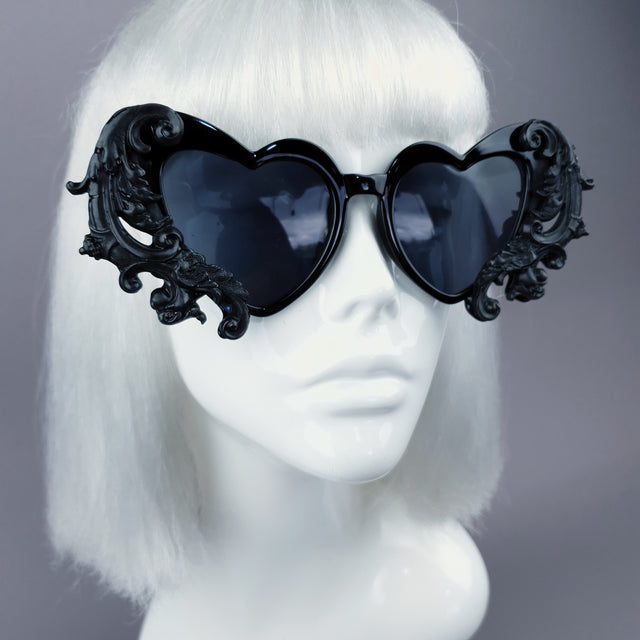"Beloved" Black Filigree Heart Shaped Sunglasses