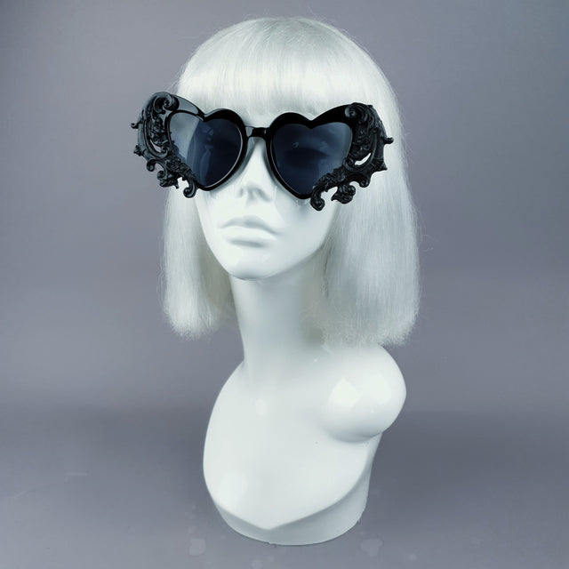 "Beloved" Black Filigree Heart Shaped Sunglasses