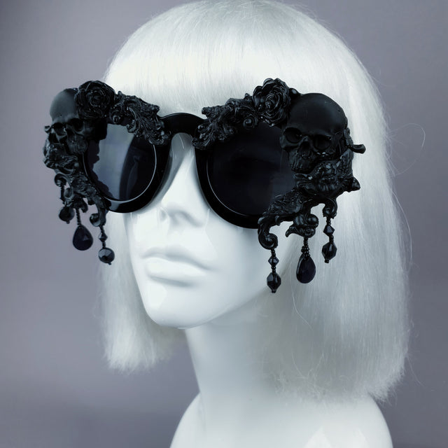 Pearls & Swine Black Skull Sunglasses with Filigree and Beading "Wednesday"