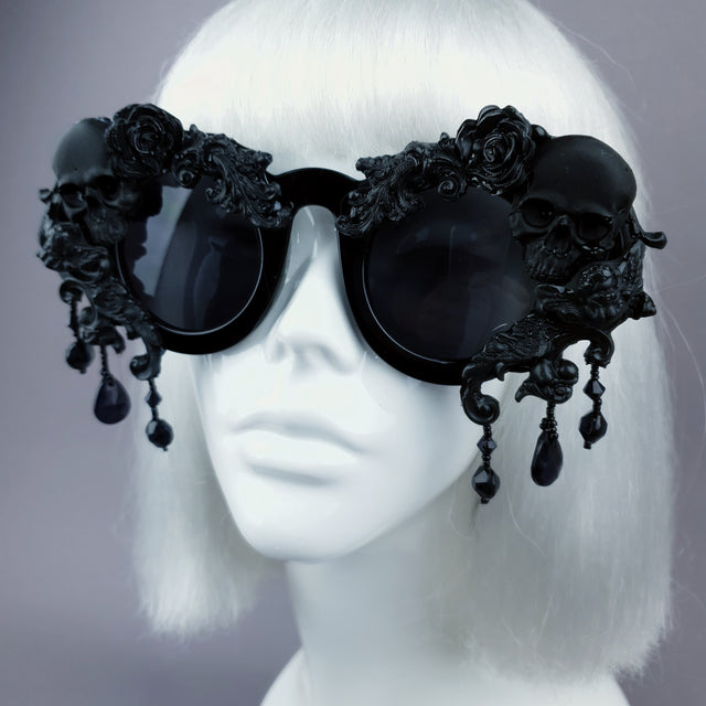 Pearls & Swine Black Skull Sunglasses with Filigree and Beading "Wednesday"