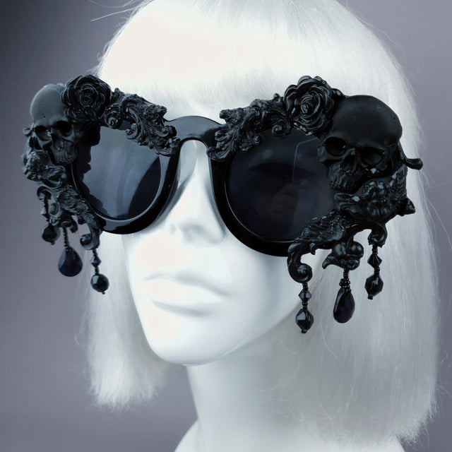Pearls & Swine Black Skull Sunglasses with Filigree and Beading "Wednesday"