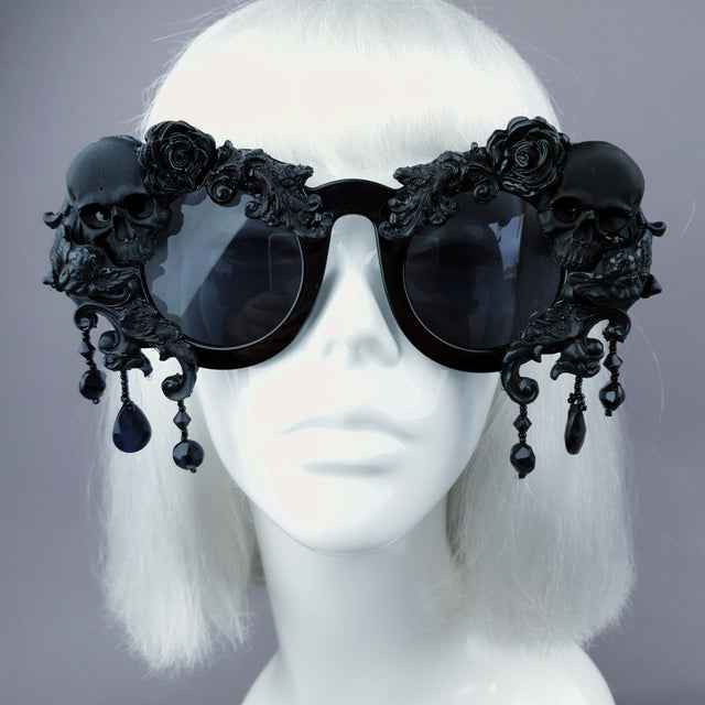 Pearls & Swine Black Skull Sunglasses with Filigree and Beading "Wednesday"