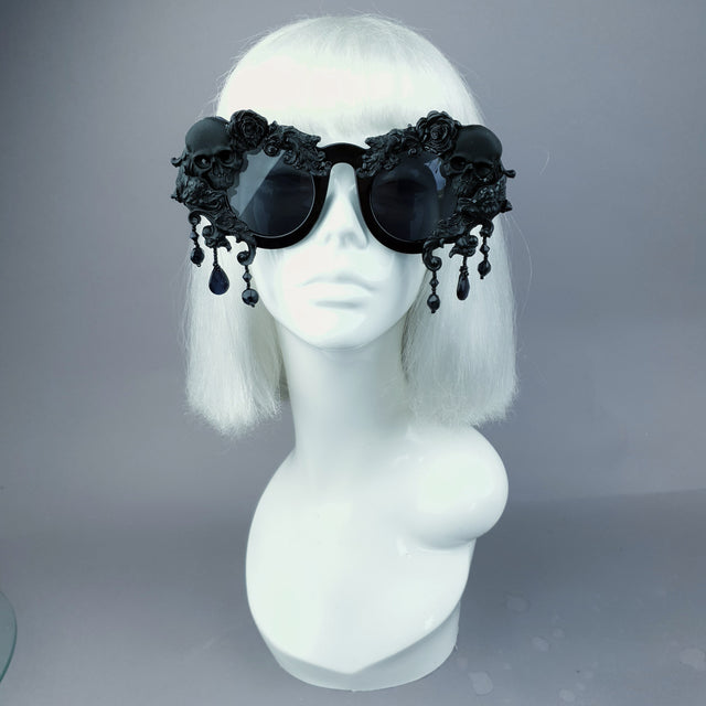 Pearls & Swine Black Skull Sunglasses with Filigree and Beading "Wednesday"