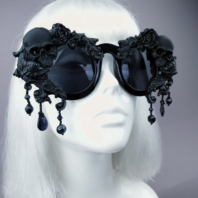 Pearls & Swine Black Skull Sunglasses with Filigree and Beading "Wednesday"