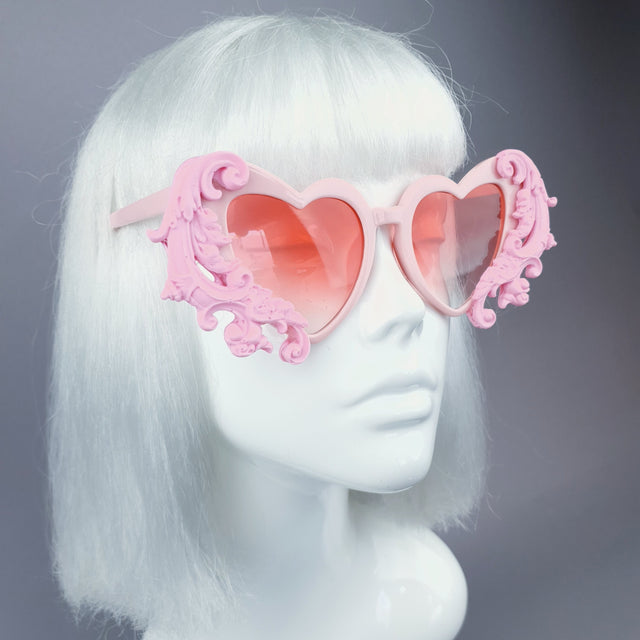 Pearls & Swine Pink Heart Shaped Sunglasses with Filigree "Beloved"