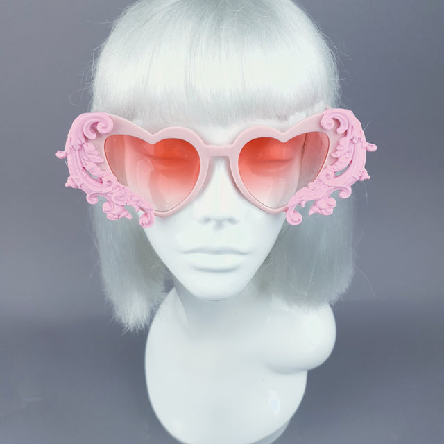 Pearls & Swine Pink Heart Shaped Sunglasses with Filigree "Beloved"