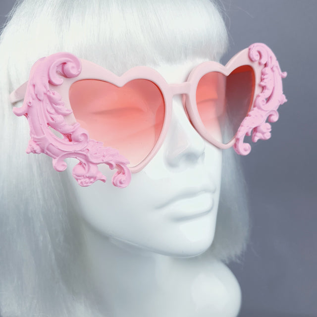 "Beloved" Pink Filigree Heart Shaped Sunglasses