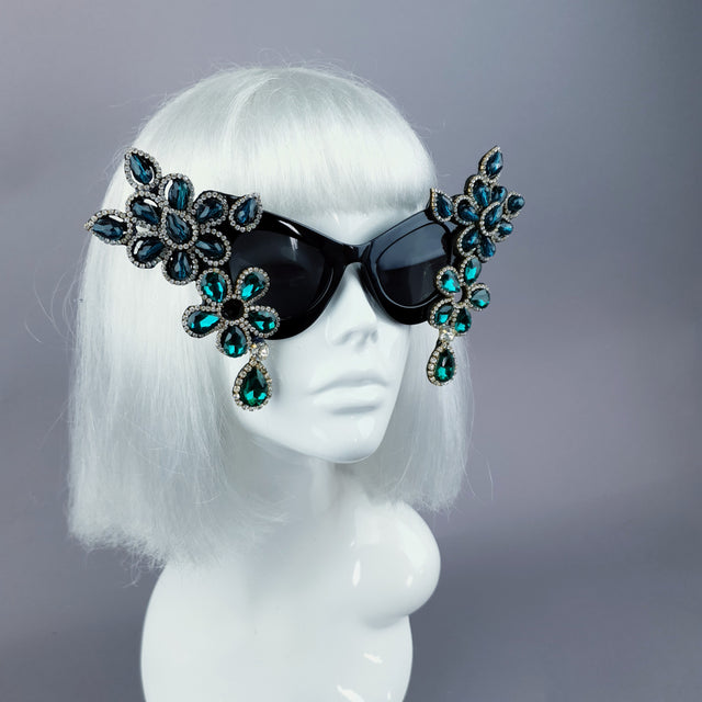 "Exxtra" Teal Diamante Jewel Cats Eye Sunglasses