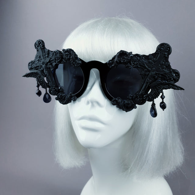 "Black Mass" Black Crosses Filigree Beading Sunglasses