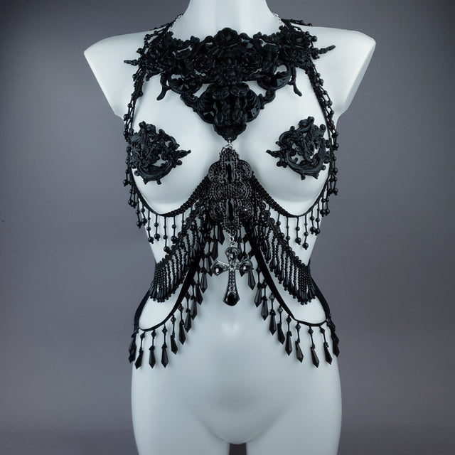 "Vasilissa" Black Filigree & Beading Jewellery Harness with Nipple Pasties