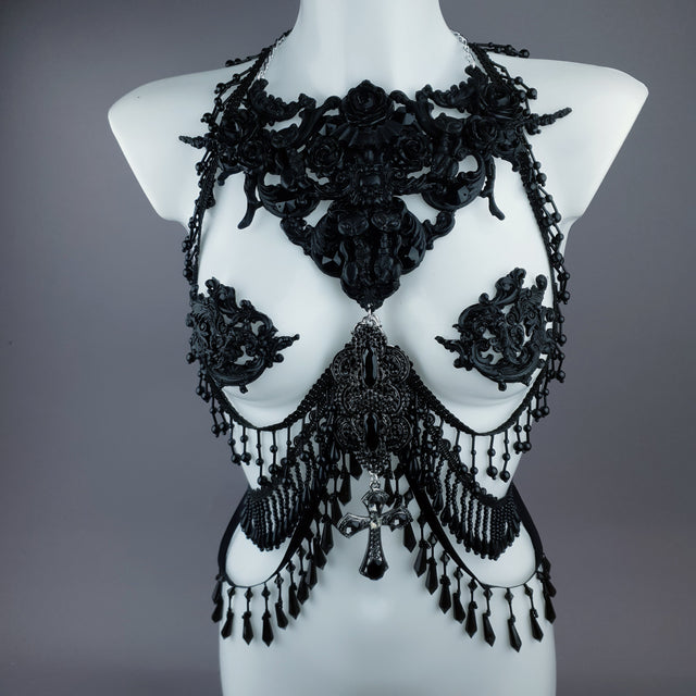 "Vasilissa" Black Filigree & Beading Jewellery Harness with Nipple Pasties