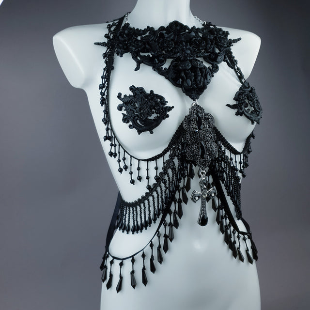 "Vasilissa" Black Filigree & Beading Jewellery Harness with Nipple Pasties
