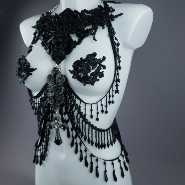 "Vasilissa" Black Filigree & Beading Jewellery Harness with Nipple Pasties