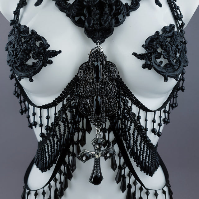 "Vasilissa" Black Filigree & Beading Jewellery Harness with Nipple Pasties