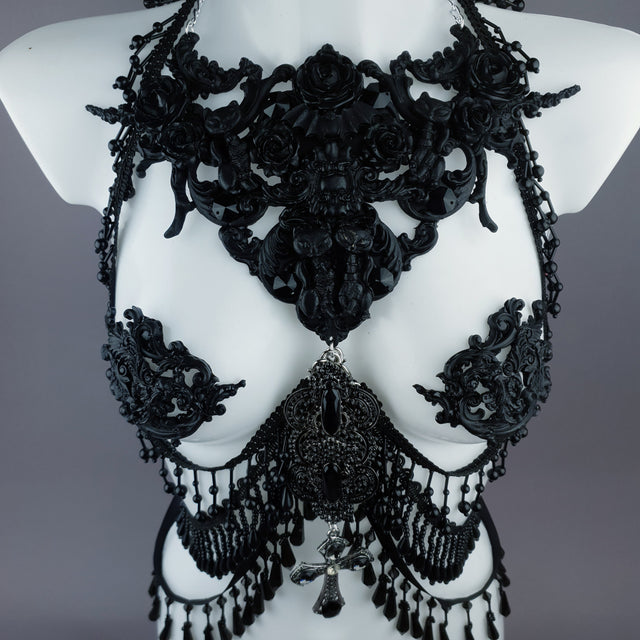"Vasilissa" Black Filigree & Beading Jewellery Harness with Nipple Pasties