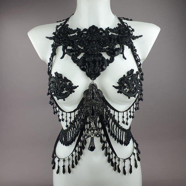 "Vasilissa" Black Filigree & Beading Jewellery Harness with Nipple Pasties