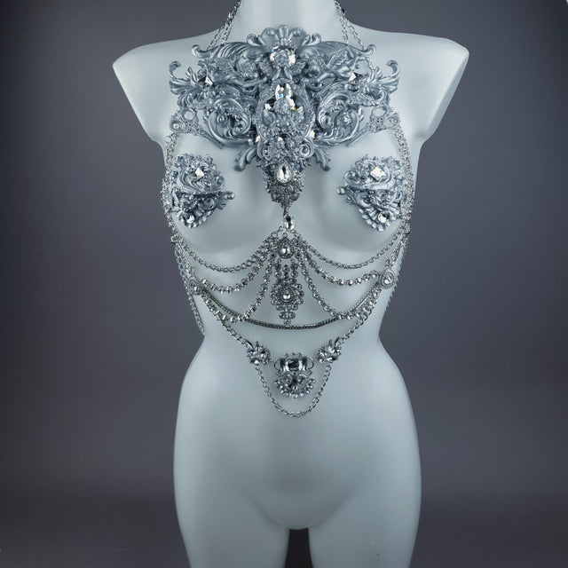 "Deusa" Silver Diamante Filigree & Beading Jewellery Harness with Nipple Pasties
