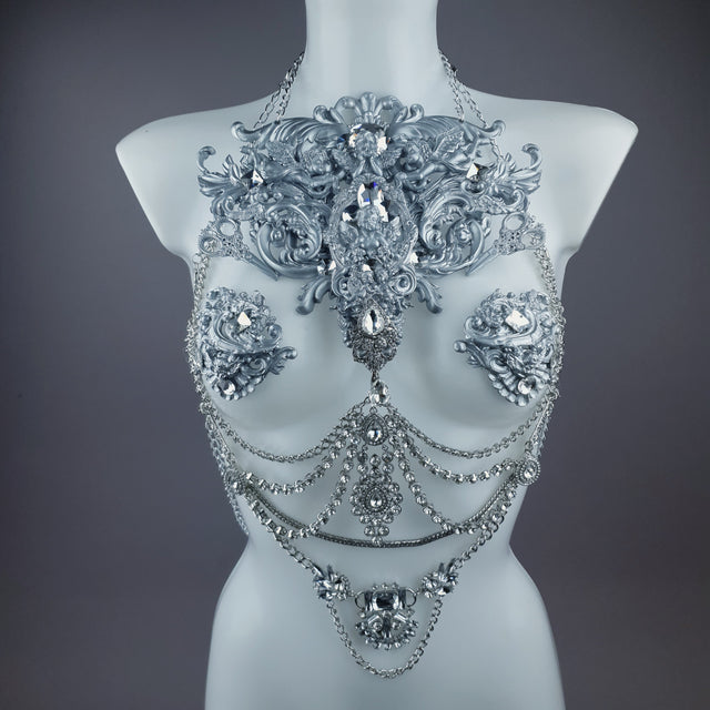 "Deusa" Silver Diamante Filigree & Beading Jewellery Harness with Nipple Pasties