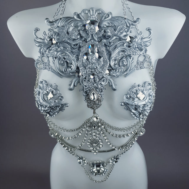 "Deusa" Silver Diamante Filigree & Beading Jewellery Harness with Nipple Pasties