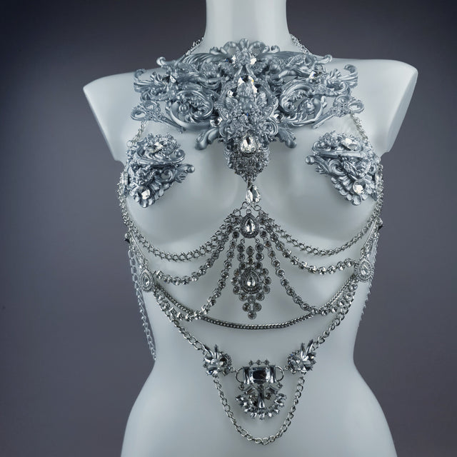 "Deusa" Silver Diamante Filigree & Beading Jewellery Harness with Nipple Pasties