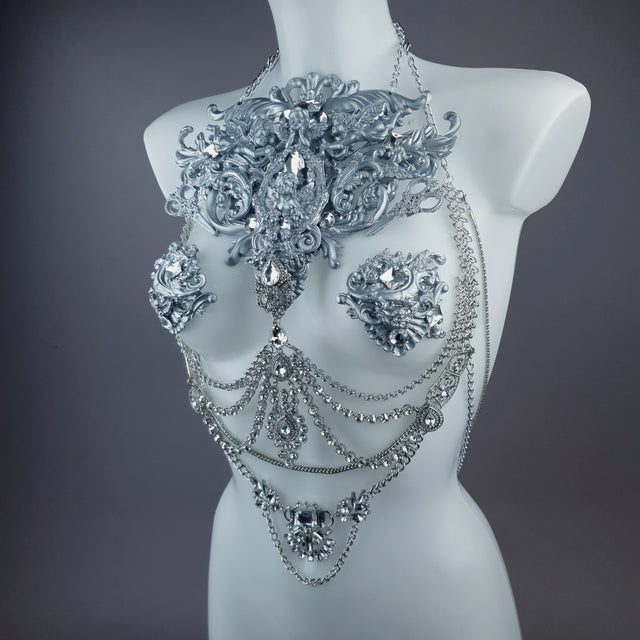 "Deusa" Silver Diamante Filigree & Beading Jewellery Harness with Nipple Pasties