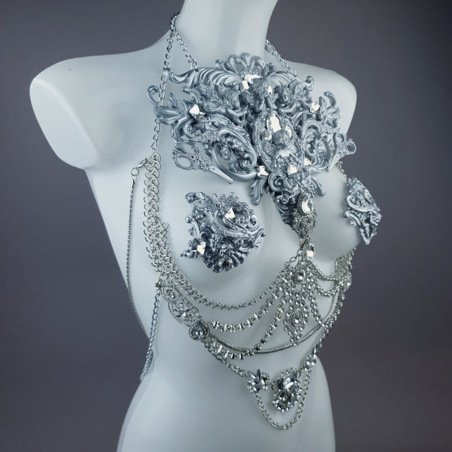"Deusa" Silver Diamante Filigree & Beading Jewellery Harness with Nipple Pasties