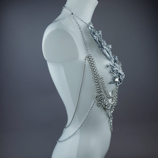 "Deusa" Silver Diamante Filigree & Beading Jewellery Harness with Nipple Pasties