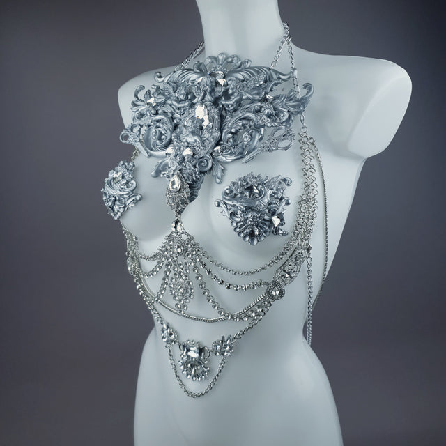 "Deusa" Silver Diamante Filigree & Beading Jewellery Harness with Nipple Pasties