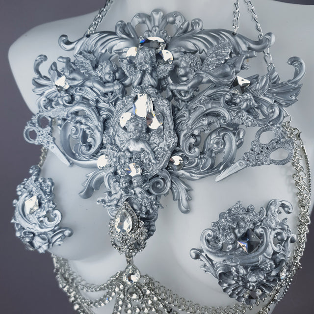 "Deusa" Silver Diamante Filigree & Beading Jewellery Harness with Nipple Pasties