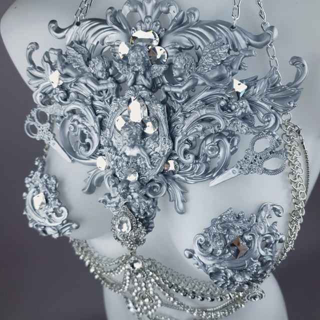 "Deusa" Silver Diamante Filigree & Beading Jewellery Harness with Nipple Pasties