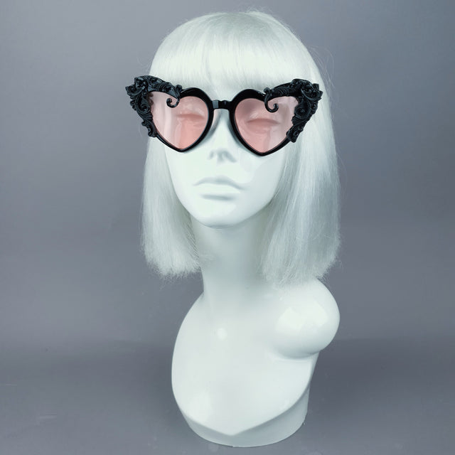 "Desolado" Black Filigree Heart Shaped Pink Lenses Sunglasses