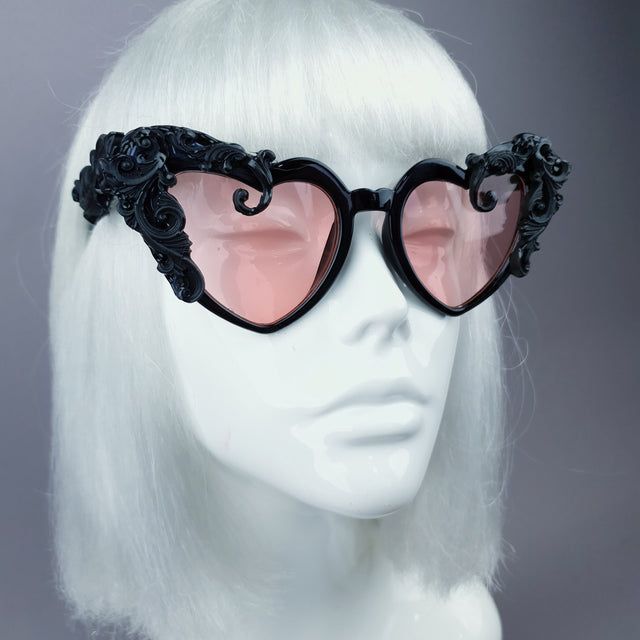 "Desolado" Black Filigree Heart Shaped Pink Lenses Sunglasses