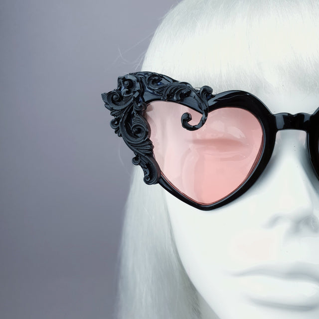 "Desolado" Black Filigree Heart Shaped Pink Lenses Sunglasses