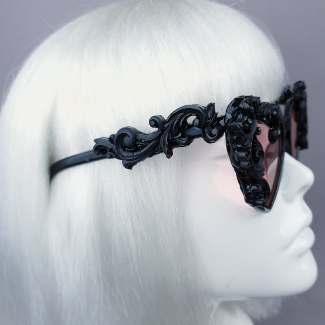"Desolado" Black Filigree Heart Shaped Pink Lenses Sunglasses