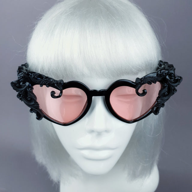 "Desolado" Black Filigree Heart Shaped Pink Lenses Sunglasses