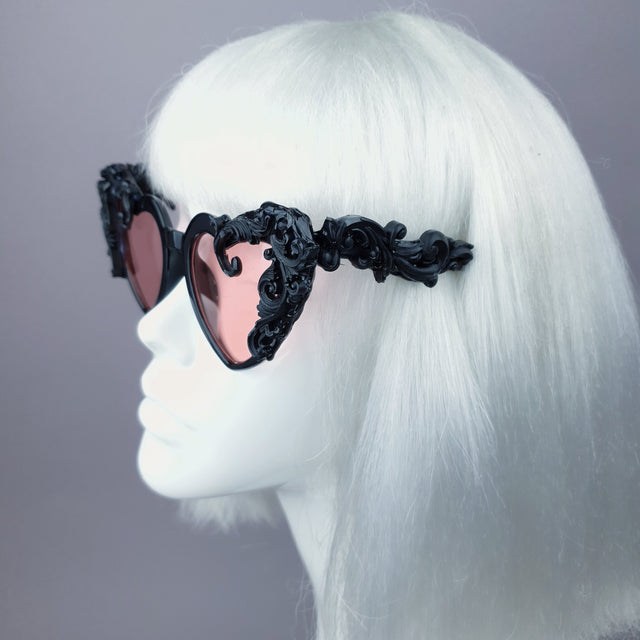 "Desolado" Black Filigree Heart Shaped Pink Lenses Sunglasses