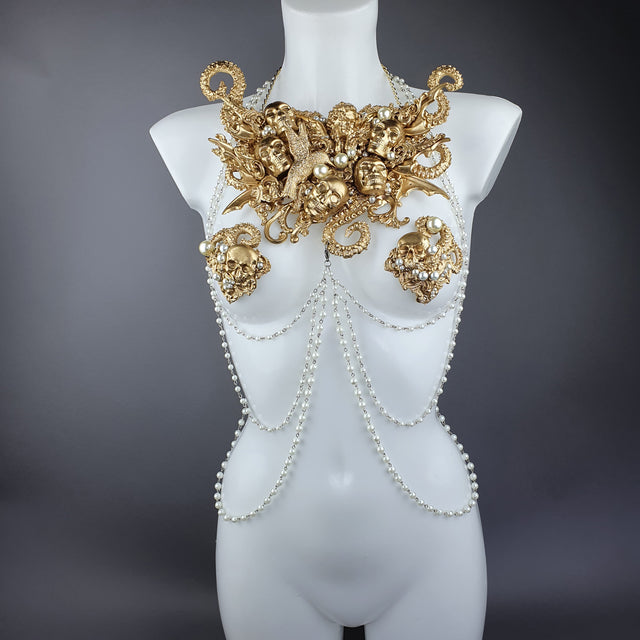 "Zlo" Gold & Pearl Filigree & Beading Jewellery Harness with Nipple Pasties