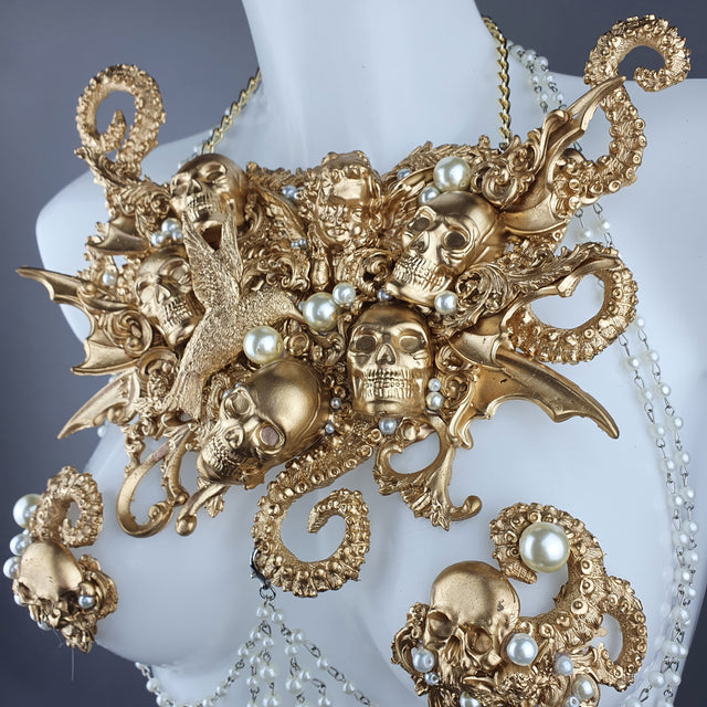 "Zlo" Gold & Pearl Filigree & Beading Jewellery Harness with Nipple Pasties