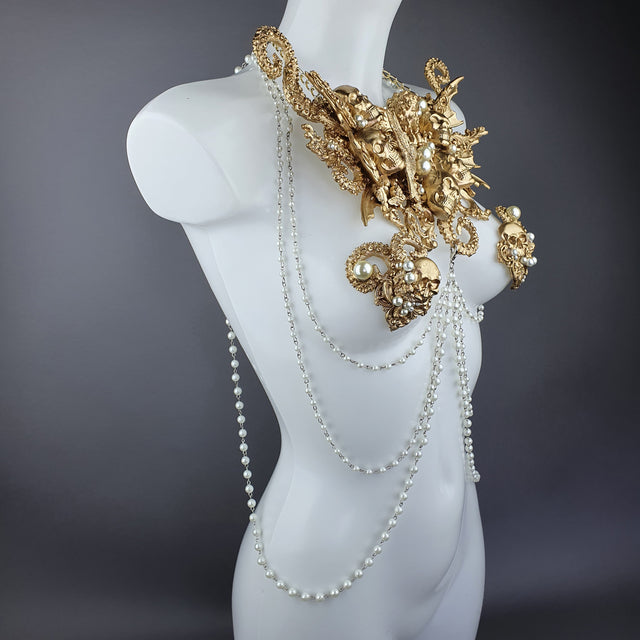 "Zlo" Gold & Pearl Filigree & Beading Jewellery Harness with Nipple Pasties