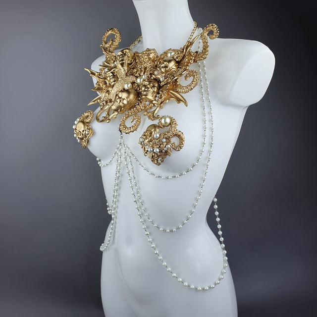 "Zlo" Gold & Pearl Filigree & Beading Jewellery Harness with Nipple Pasties