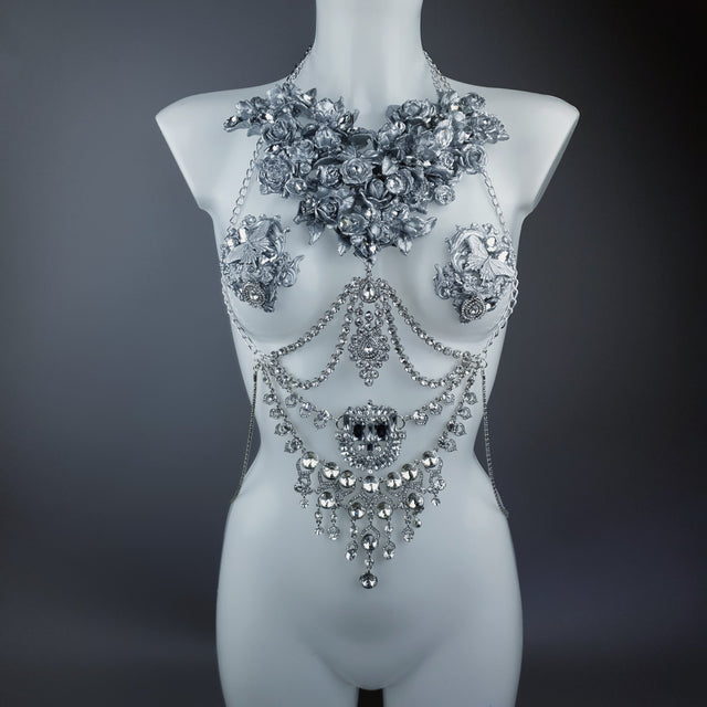 "Merayu" Silver Diamante Filigree Jewellery Harness with Pasties